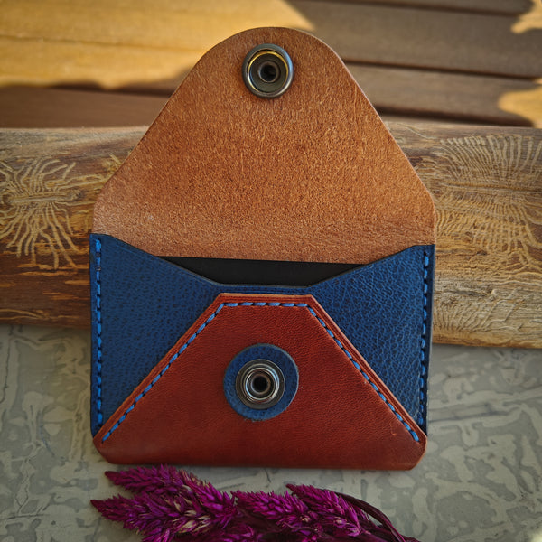 Snap Wallet in Brown and Blue Vegetable Tanned Leather *In Stock